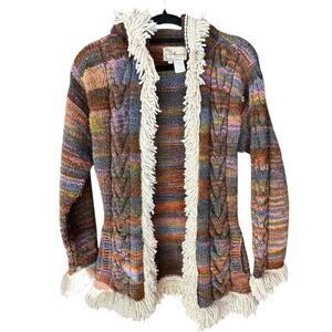 AMANO x Womens Boho Hippie Jacket Womens Large Chunky Hooded Fringe 100% Wool